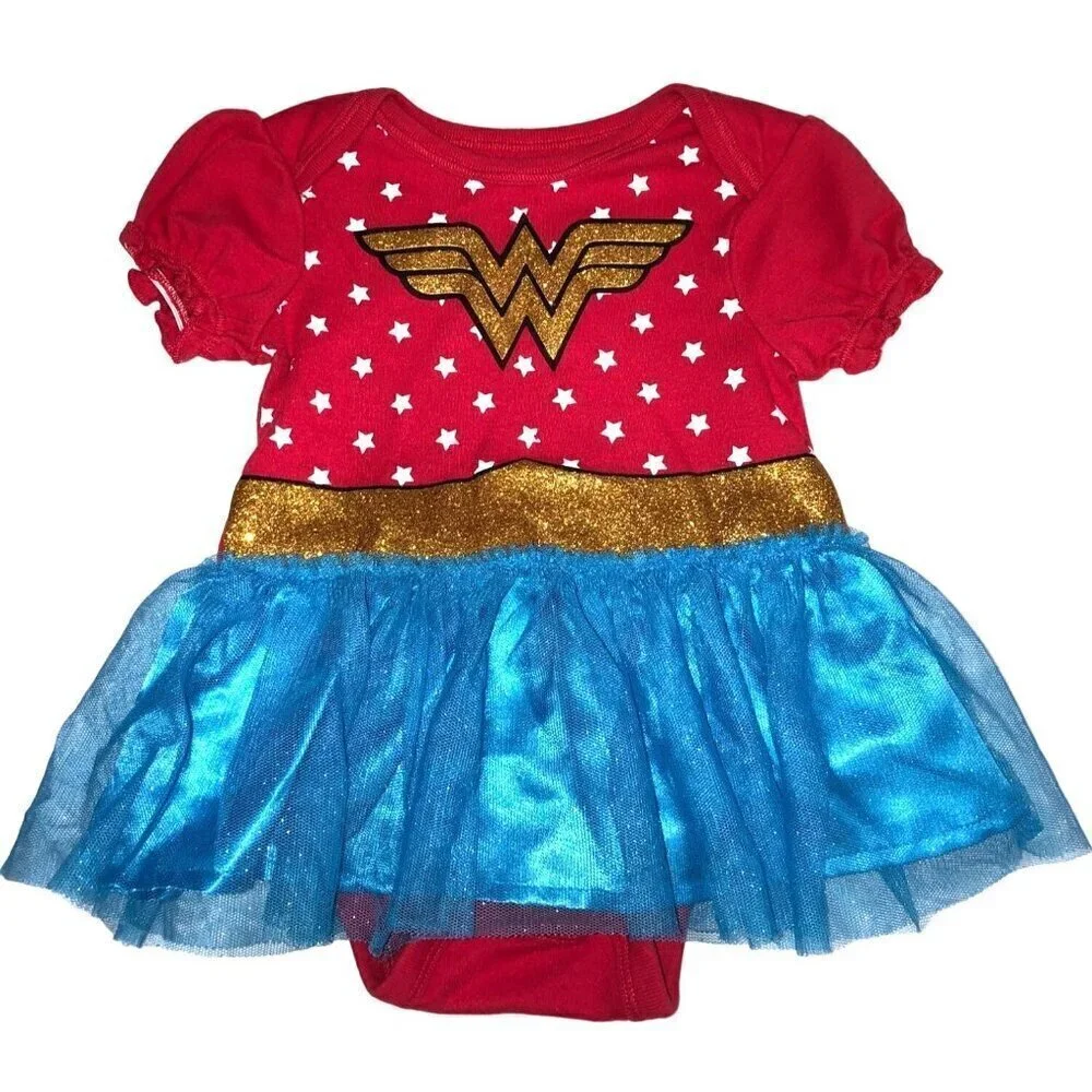 Wonder Woman Baby Dress 6-9M Stars Glitter Tutu Skirt Red Blue Halloween Romper